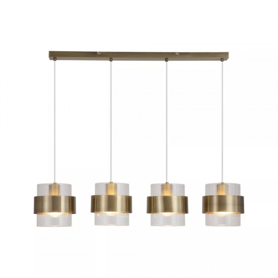 83462-006 Antique Brass 4 Light over island Fitting with Clear Ribbed Glass