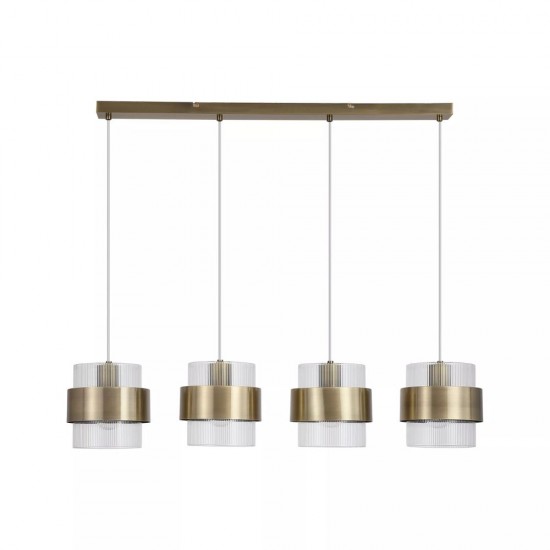 83462-006 Antique Brass 4 Light over island Fitting with Clear Ribbed Glass