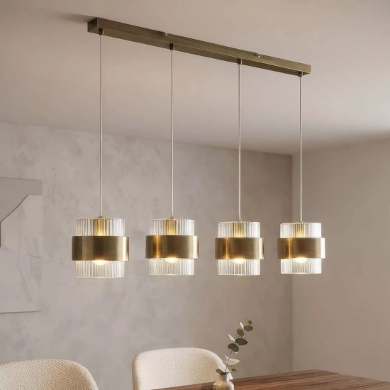 83462-006 Antique Brass 4 Light over island Fitting with Clear Ribbed Glass