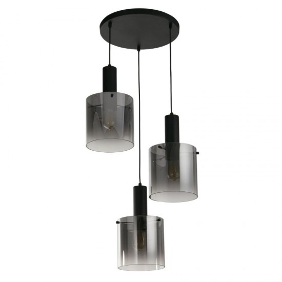 72183-006 Matt Black 3 Light Cluster Pendant with Smoked Ombre Glasses