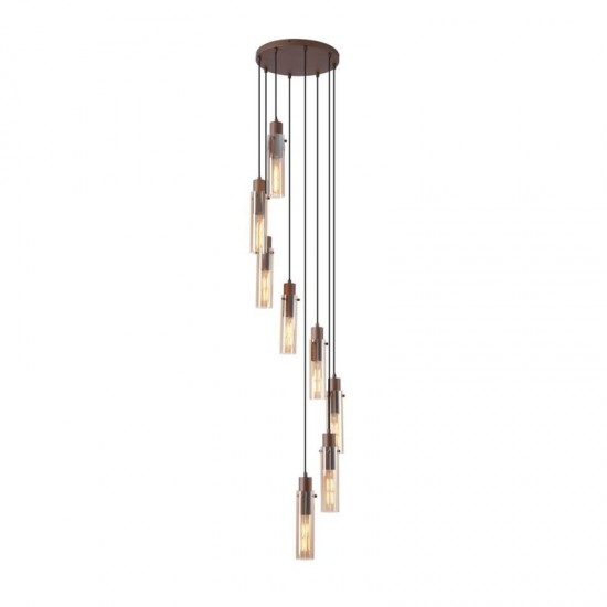75409-006 Matt Brown 8 Light Cluster Pendant with Amber Glass