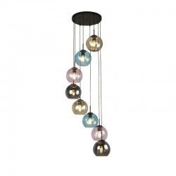 72198-006 Black 8 Light Cluster Pendant with Multicoloured Glasses