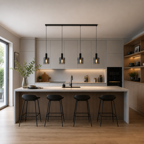 72185-006 Matt Black 4 Light over Island Fitting with Smoked Ombre Glasses