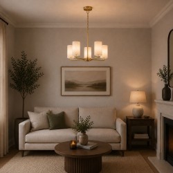 21010-006 Satin Brass 5 Light Centre Fitting with Cream Shade