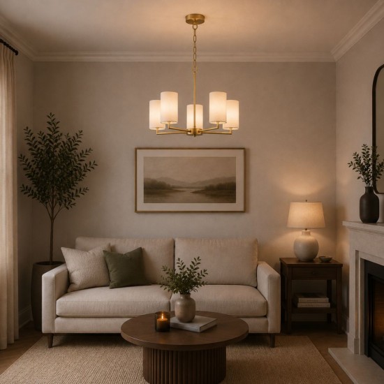 21010-006 Satin Brass 5 Light Centre Fitting with Cream Shade
