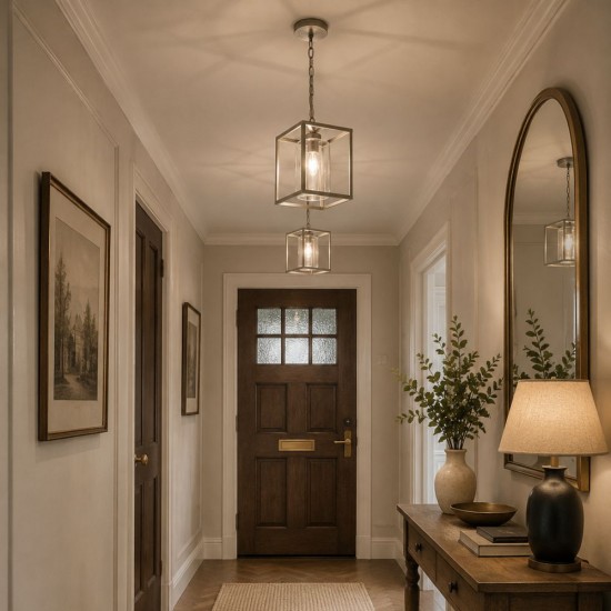 33410-10 Satin Silver Lantern Pendant with Clear Glass