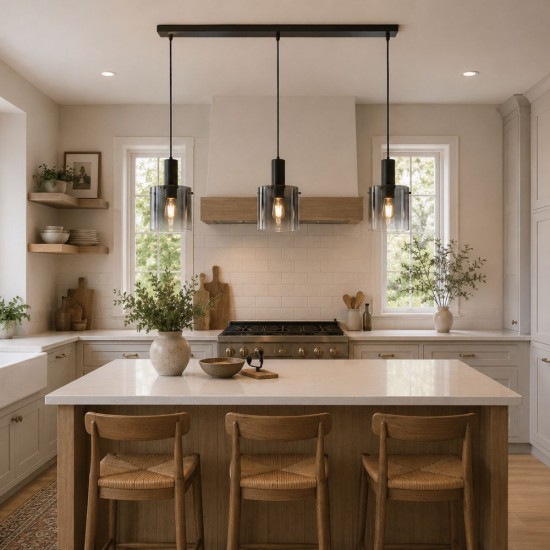 8280-006 Matt Black 3 Light over Island Fitting with Smoked Ombre Glass