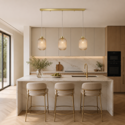 Satin Brass 3 Light over Island Fitting with Amber Ribbed Big Glass