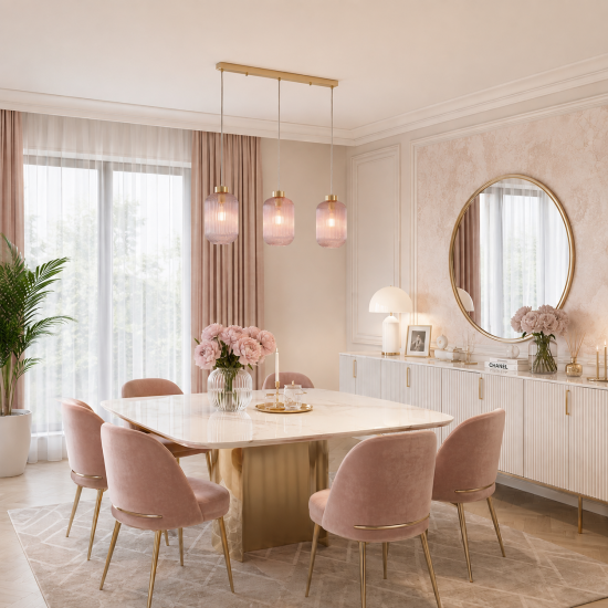 Satin Brass 3 Light over Island Fitting with Pink Ribbed Big Glass