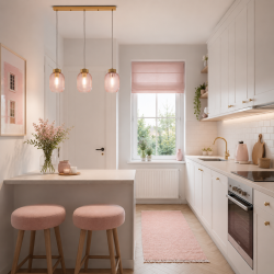 Satin Brass 3 Light over Island Fitting with Pink Ribbed Small Glass