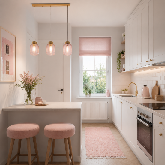 Satin Brass 3 Light over Island Fitting with Pink Ribbed Small Glass