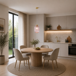 Satin Brass Pendant with Pink Ribbed Glass ∅ 20 cm