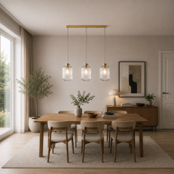 Satin Brass 3 Light over Island Fitting with Clear Ribbed Big Glass