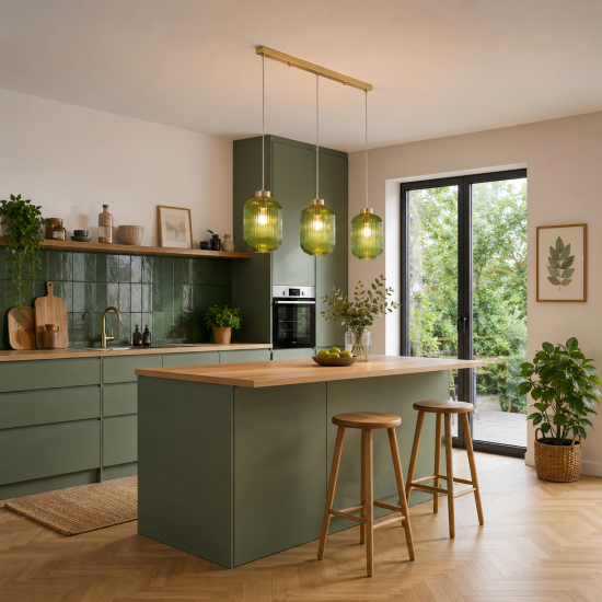 Satin Brass 3 Light over Island Fitting with Green Ribbed Big Glass