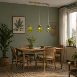 Satin Brass 3 Light over Island Fitting with Green Ribbed Small Glass