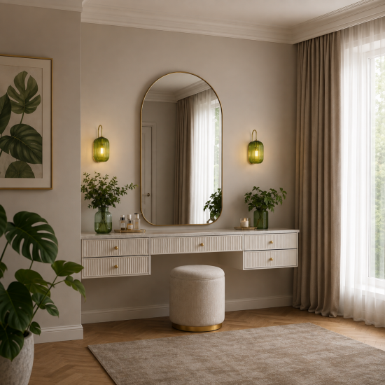 Satin Brass Wall Lamp with Green Ribbed Glass