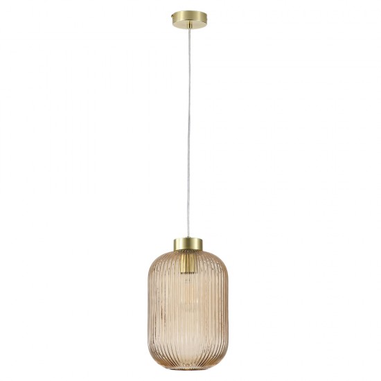 Satin Brass Pendant with Amber Ribbed Glass ∅ 20 cm