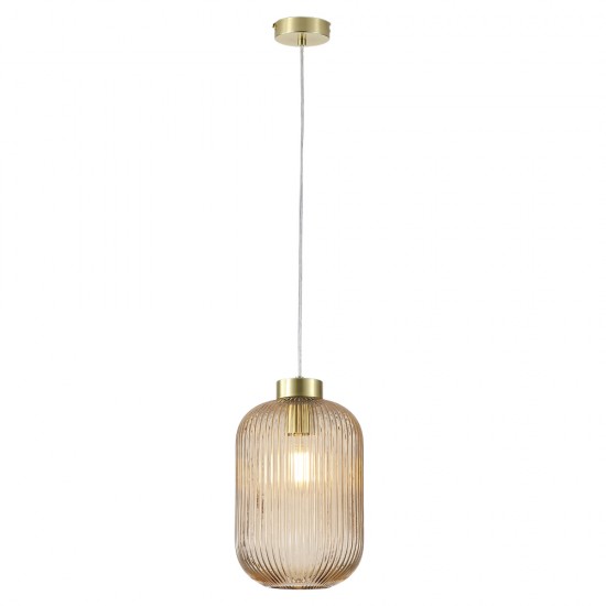 Satin Brass Pendant with Amber Ribbed Glass ∅ 20 cm