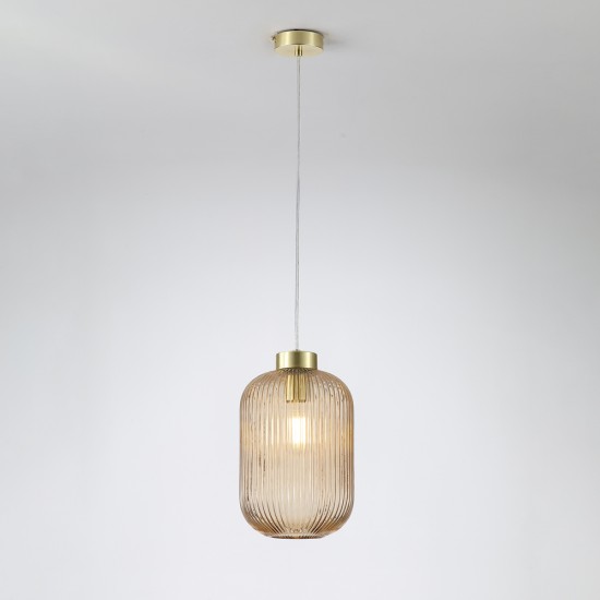 Satin Brass Pendant with Amber Ribbed Glass ∅ 20 cm