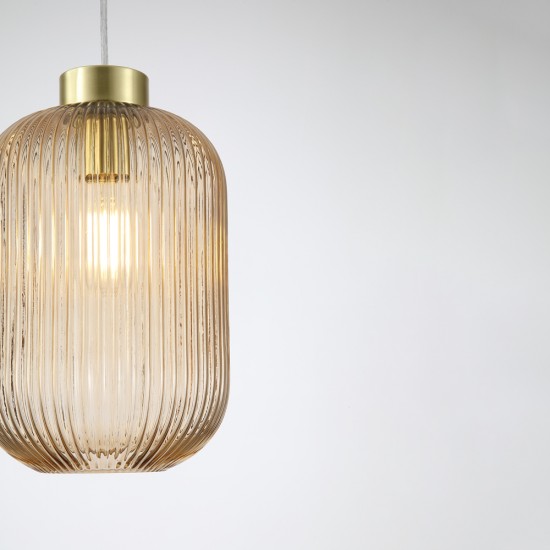 Satin Brass Pendant with Amber Ribbed Glass ∅ 20 cm