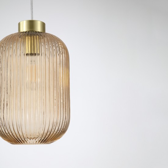 Satin Brass Pendant with Amber Ribbed Glass ∅ 20 cm