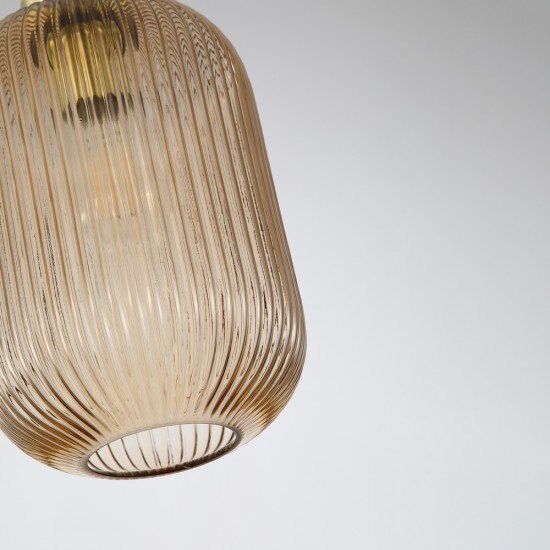 Satin Brass Pendant with Amber Ribbed Glass ∅ 20 cm