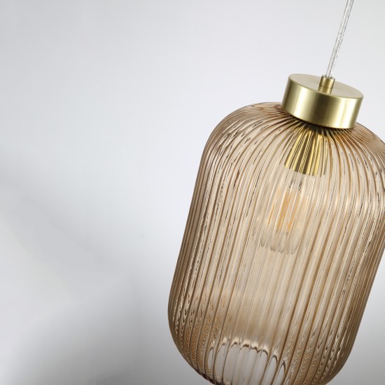 Satin Brass Pendant with Amber Ribbed Glass ∅ 20 cm