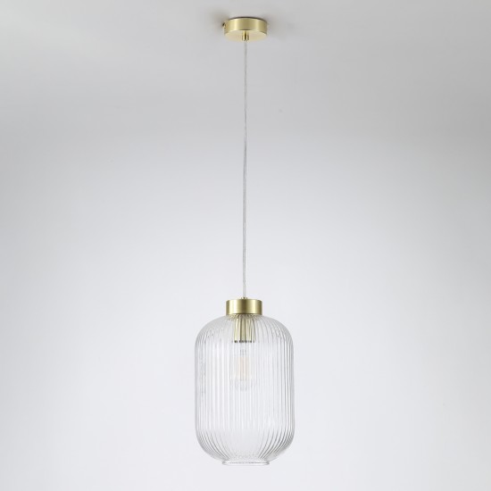 Satin Brass Pendant with Clear Ribbed Glass ∅ 20 cm