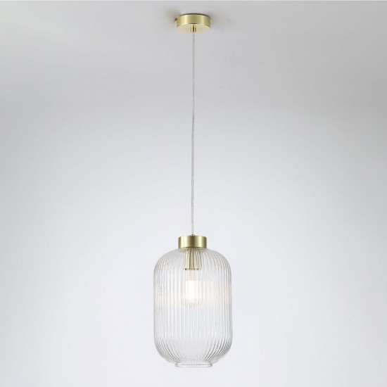Satin Brass Pendant with Clear Ribbed Glass ∅ 20 cm