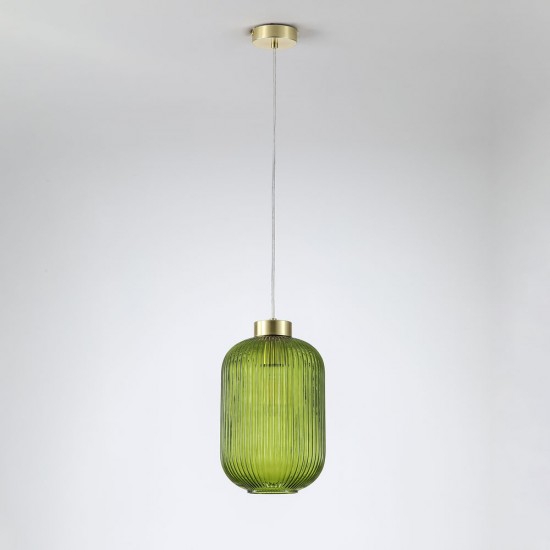 Satin Brass Pendant with Green Ribbed Glass ∅ 20 cm