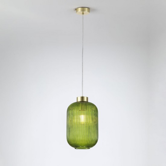 Satin Brass Pendant with Green Ribbed Glass ∅ 20 cm