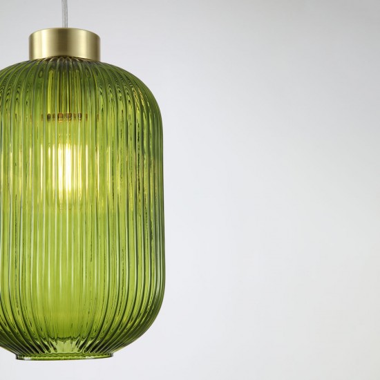 Satin Brass Pendant with Green Ribbed Glass ∅ 20 cm