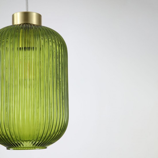 Satin Brass Pendant with Green Ribbed Glass ∅ 20 cm
