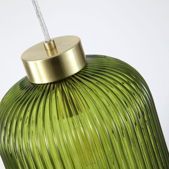 Satin Brass Pendant with Green Ribbed Glass ∅ 20 cm