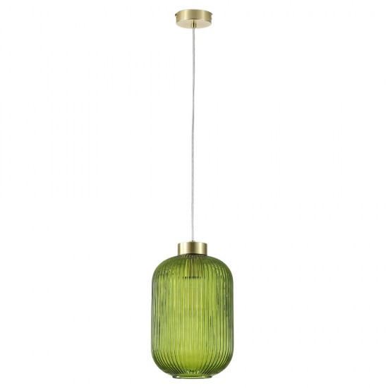 Satin Brass Pendant with Green Ribbed Glass ∅ 20 cm