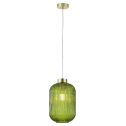 Satin Brass Pendant with Green Ribbed Glass ∅ 20 cm