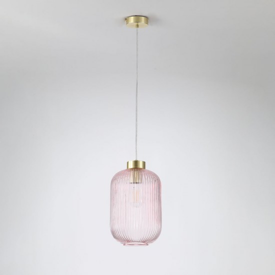 Satin Brass Pendant with Pink Ribbed Glass ∅ 20 cm