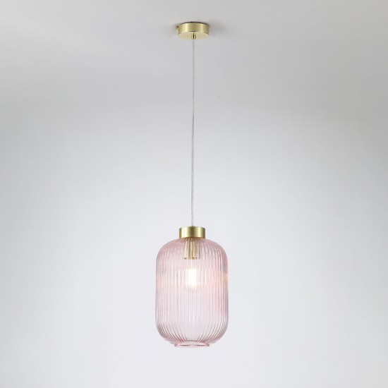 Satin Brass Pendant with Pink Ribbed Glass ∅ 20 cm