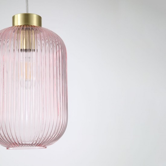 Satin Brass Pendant with Pink Ribbed Glass ∅ 20 cm