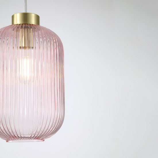Satin Brass Pendant with Pink Ribbed Glass ∅ 20 cm