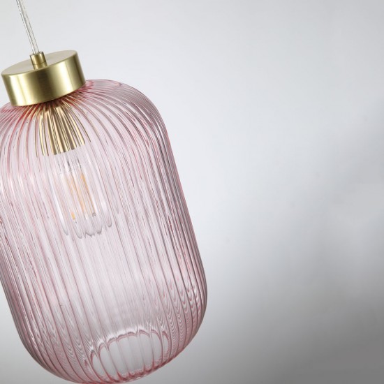 Satin Brass Pendant with Pink Ribbed Glass ∅ 20 cm