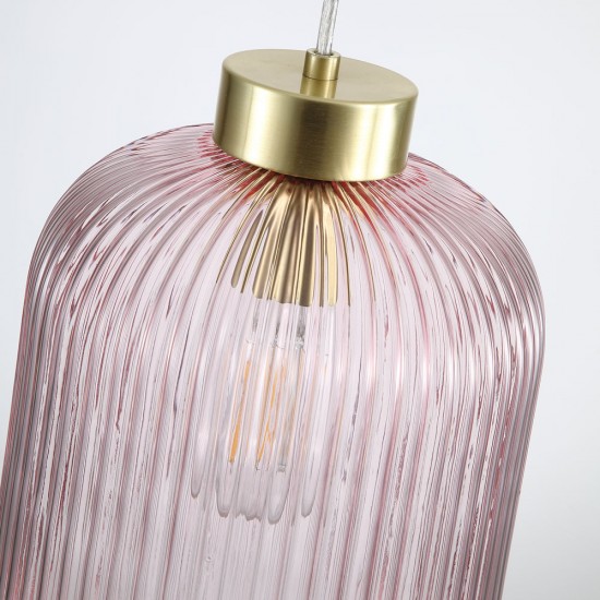 Satin Brass Pendant with Pink Ribbed Glass ∅ 20 cm