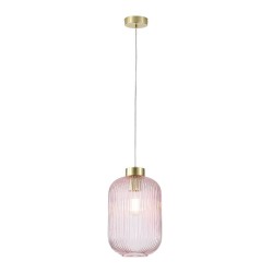 Satin Brass Pendant with Pink Ribbed Glass ∅ 20 cm
