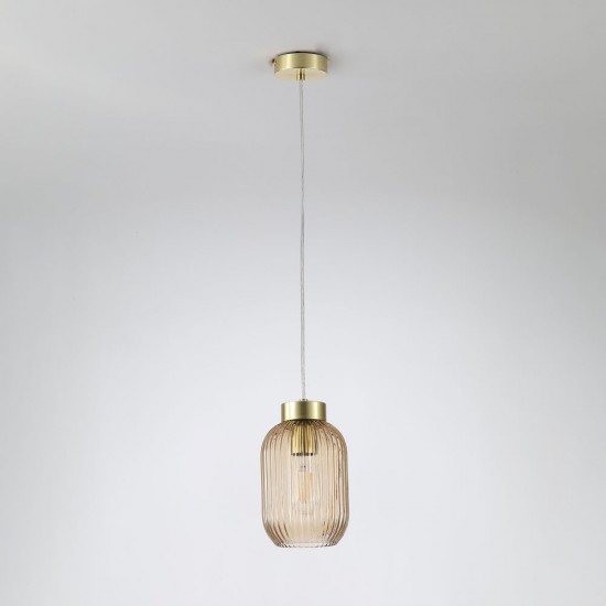 Satin Brass Pendant with Amber Ribbed Glass ∅ 14 cm