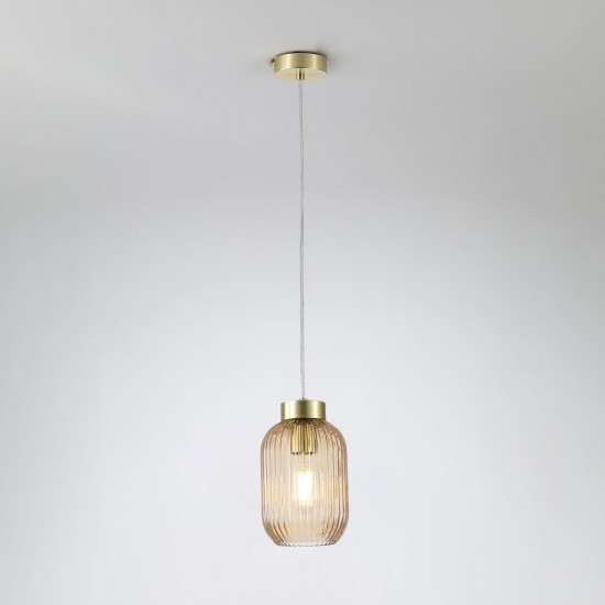 Satin Brass Pendant with Amber Ribbed Glass ∅ 14 cm