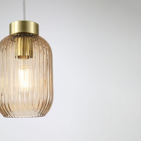 Satin Brass Pendant with Amber Ribbed Glass ∅ 14 cm