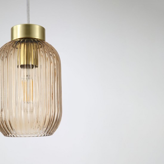 Satin Brass Pendant with Amber Ribbed Glass ∅ 14 cm