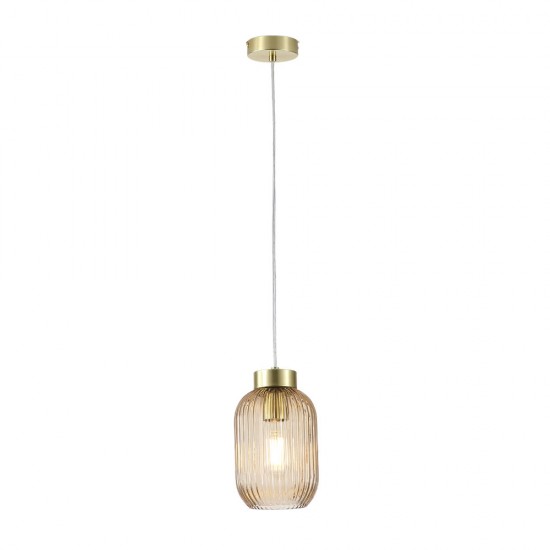 Satin Brass Pendant with Amber Ribbed Glass ∅ 14 cm