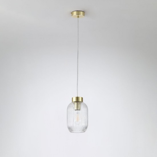 Satin Brass Pendant with Clear Ribbed Glass ∅ 14 cm