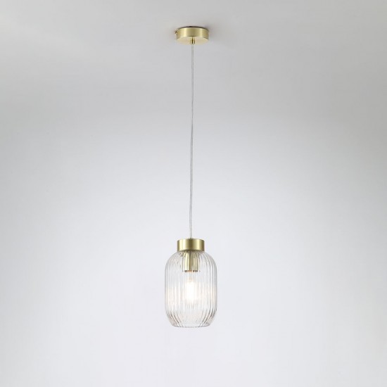 Satin Brass Pendant with Clear Ribbed Glass ∅ 14 cm